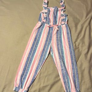 ONE PIECE ROMPER. LITTLE GIRL SIZE 5. STRIPES ARE PINK YELLOW WHITE BLUE/GREEN.